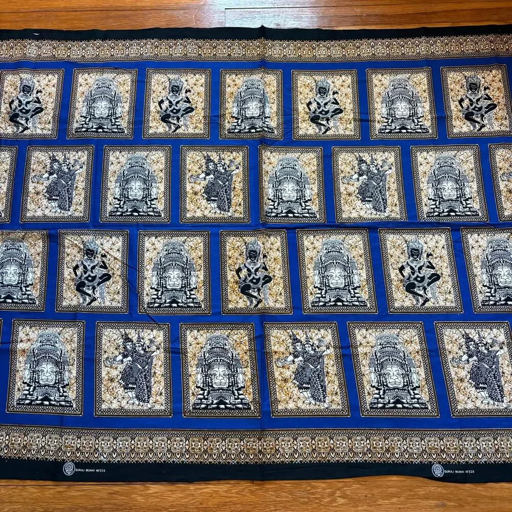 Vintage Suraj Mukhi Fabric Remnant Blue Hindu Motif Cotton Textile